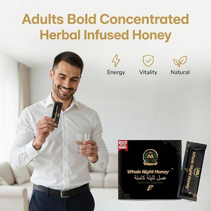 Whole Night Herbal Honey Blend Premium Botanical Honey Formula for Adults Bold Concentrated Herbal Infused Honey Dark Thick Texture No Synthetic Stimulants On-The-Go Single Serve Packets 12 x 15g