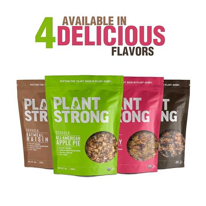 PLANTSTRONG All-American Apple Pie Granola – Whole Grain Oil-Free Granola with Chewy Dried Apples Sweetened Only with Dates Made from Whole Plants Crunchy Breakfast or Snack (4-Pack (9 oz Bags))