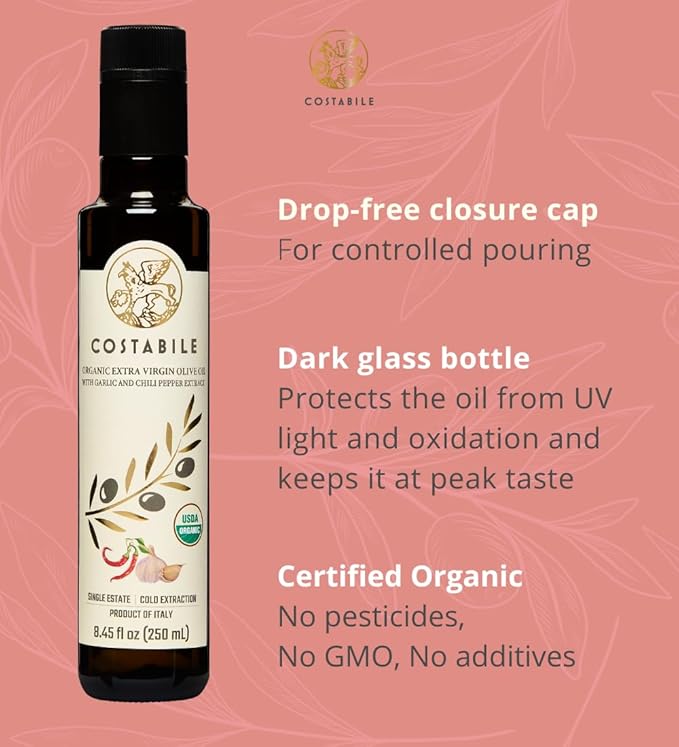Garlic Chili Oil - Extra Virgin Garlic Hot Oil from Italy - Quality Chili Garlic Oil Ideal as Pizza Oil and for Spicy Recipes. COSTABILE 8.45 Fl. Oz.
