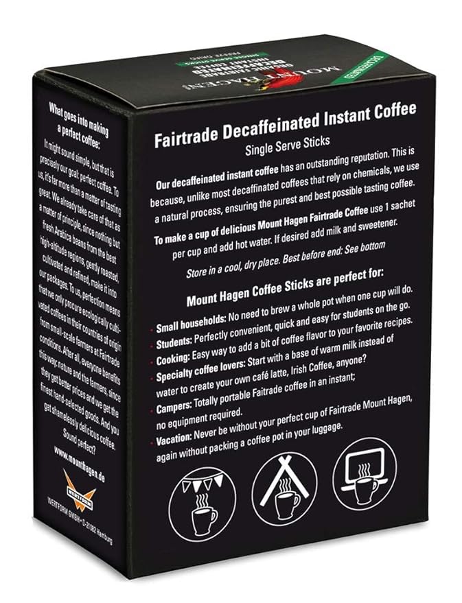 Mount Hagen 25 Count Single Serve Instant Decaf Coffee Packets - 4 Pack | Decaffeinated Organic Medium Roast Arabica Beans | Eco-friendly Fair-Trade [4 x 25 sticks/1.76oz/50g]