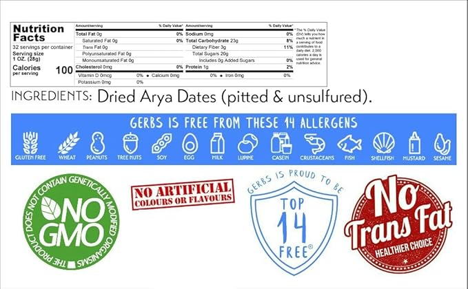 Gerbs Dried Araya Dates 2 lbs. | Unsulfured Pitted Resealable Bag | Naturally Sweet &amp Fiber-Rich | Top 14 Allergen-Free