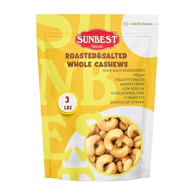 Sunbest Natural Whole Roasted Salted Cashews – 3 lb Bulk Bag (48 oz) – Non-GMO Vegan &amp Crunchy – Kosher Certified Gluten-Free – Perfect for Snacking Topping &amp Baking