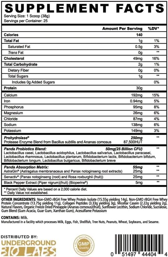 Underground Bio Labs Panda Fuel Premium Protein WheyHydrolyzed CollagenCaseinProbiotics Enzymes Keto FriendlyTime Release 25 Servings (2.5 Pound Pineapple Whip)