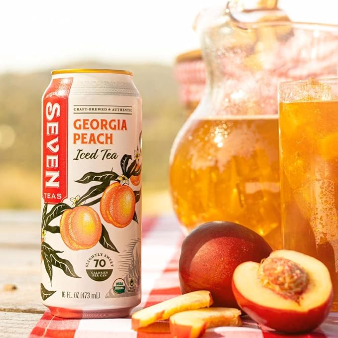 SevenTeas Georgia Peach Iced Tea 16 OZ (Pack of 12 Cans) Lightly Sweetened Organic Iced Tea