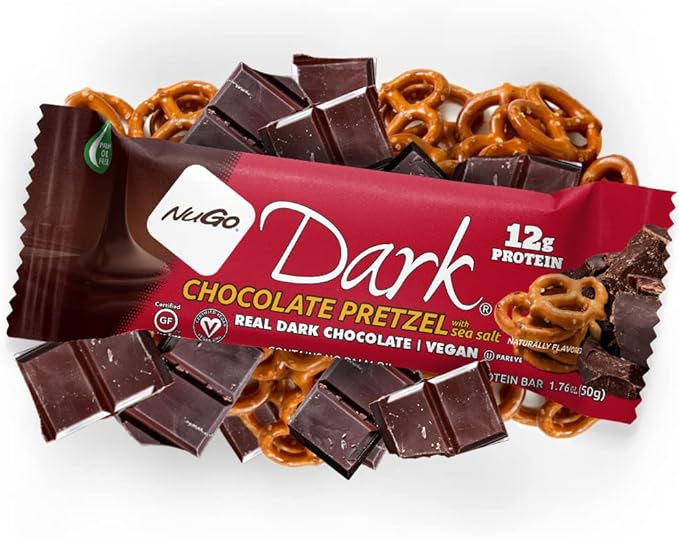 NuGo Dark Chocolate Pretzel w/SS 12g Vegan Protein Gluten Free Kosher Pareve Non-GMO 12 Count and NuGo Plant Protein Powder Chocolate 20g Protein 3g Sugar 25 Servings