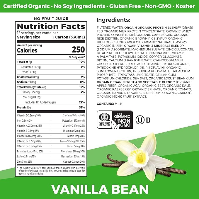 Orgain Organic Nutritional Shake Vanilla Bean + Strawberries &amp Cream 11 Fl Oz (Pack of 12)