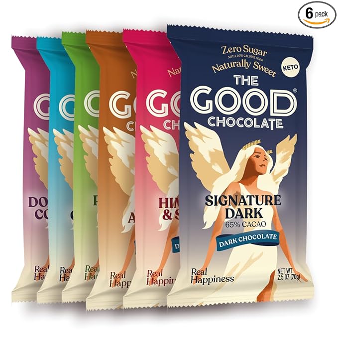 The Good Chocolate - Keto Chocolate Variety Pack Zero Sugar Lower Net Carb Snack Lower Calorie Chocolate Candy Variety Pack 6 Flavors 6 Bar Value Pack