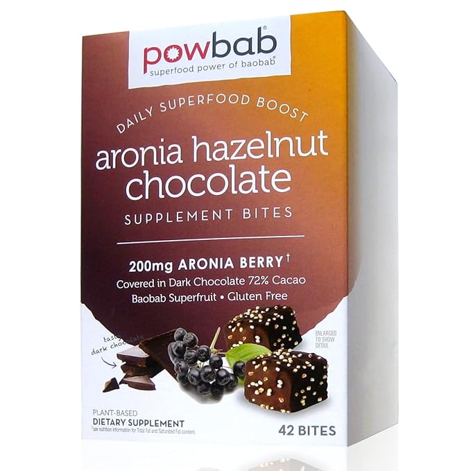 powbab Aronia Hazelnut Chocolate Bites - Organic Aronia Berry. 33% Less Sugar. Organic Dark Chocolate 72% Cacao Fair Trade. Immune Support Vitamin C Baobab. Gluten Free Cookies (42 count)