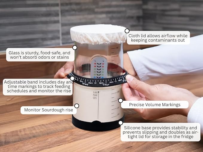 Pro Sourdough Starter Kit -37oz Wide Mouth Sourdough Starter Jar Kit for Bread - Large Glass Sourdough Jar Feeding Band Cloth Cover Spatula &amp Thermometer–Best Sourdough Bread Kit for Beginners