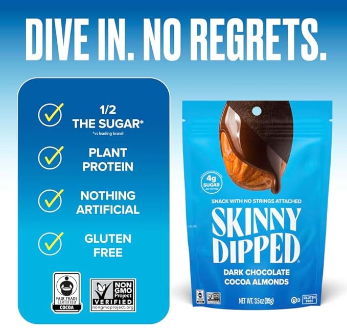 SkinnyDipped Dark Chocolate Cocoa Almonds Healthy Snack Plant Protein Gluten Free 3.5 oz Resealable Bags (Pack of 5)