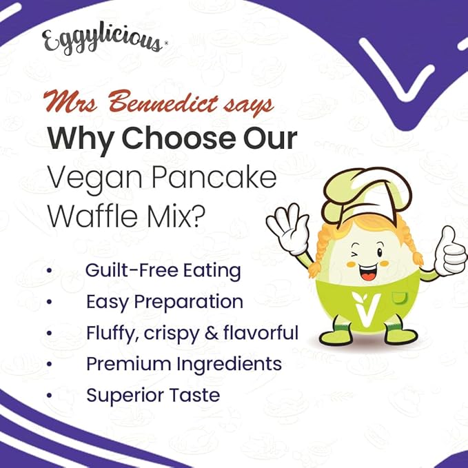 Eggylicious PACK OF 6- Vegan Pancake/Waffle Mix | Protein &amp Fibre Rich Gluten Free Pancake Mix | Quick &amp Easy Breakfast | Just Add Water/Milk Natural Non-Bioengineered | 1 lbs 8 oz (680 gm)
