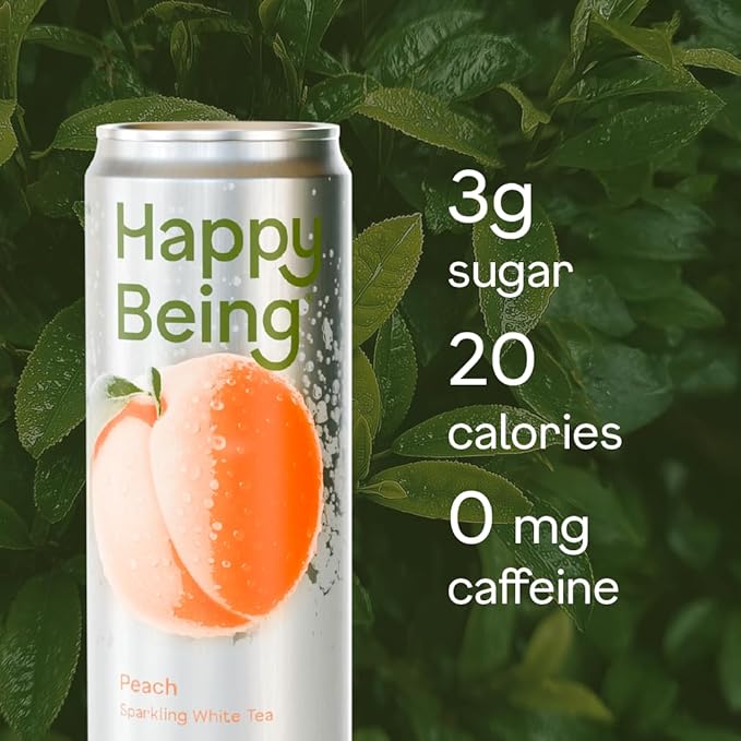 Happy Being Peach Sparkling White Tea – Antioxidant &amp Polyphenol Rich Infused with Turmeric Elderberry Caffeine Free Plant-Based Low Sugar &amp Low Calorie Drinks 12oz (16 Pack)