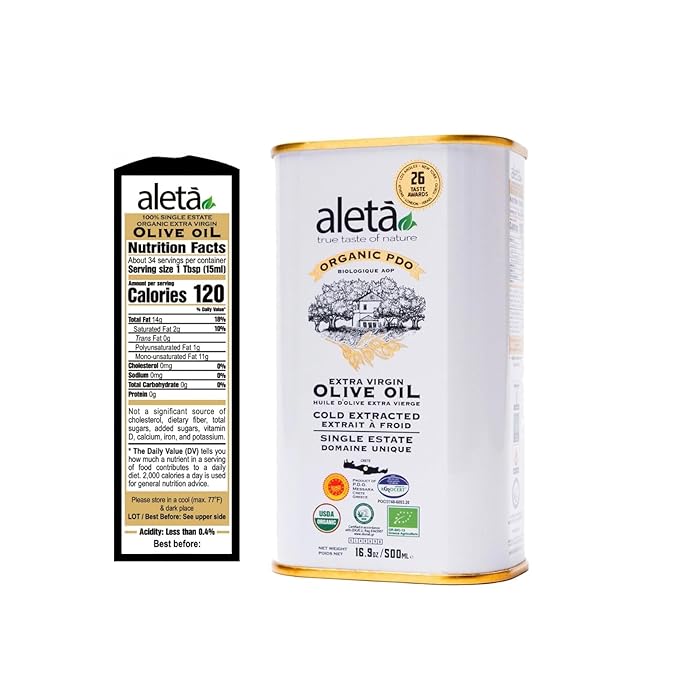 Aleta Farms Organic Olive Oil Extra Virgin High Phenols Single Estate PDO Cold Press Global Gold Awards EVOO Kosher. 16.9 Fl Oz (Pack of 2)