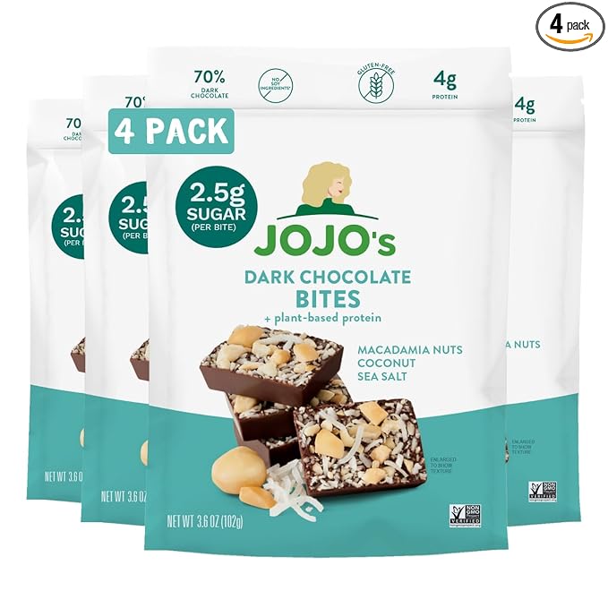 JOJO's Dark Chocolate Macadamia Coconut Healthy Snack Low Sugar Low Carb Gluten Free Non GMO Paleo &amp Keto Friendly Made with Plant Based Hemp Protein Vegan (4 Count)