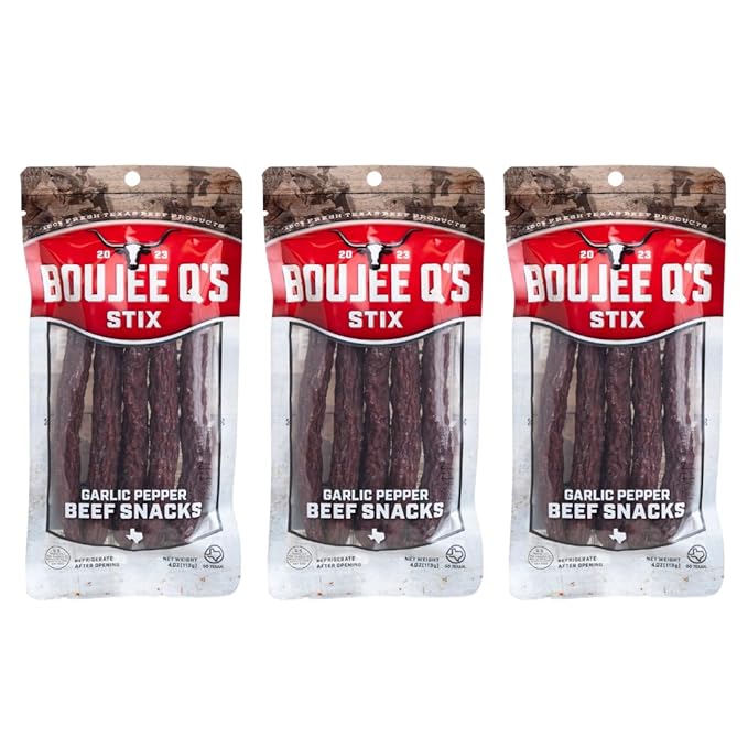 Boujee Q’s Beef Stix - Garlic Pepper - 100% Soft Beef Snack Sticks - Smoked Jerky-Style Protein Snack - Gluten-Free Low Carb No Sugar Keto Friendly - Made in USA - 3 Pack