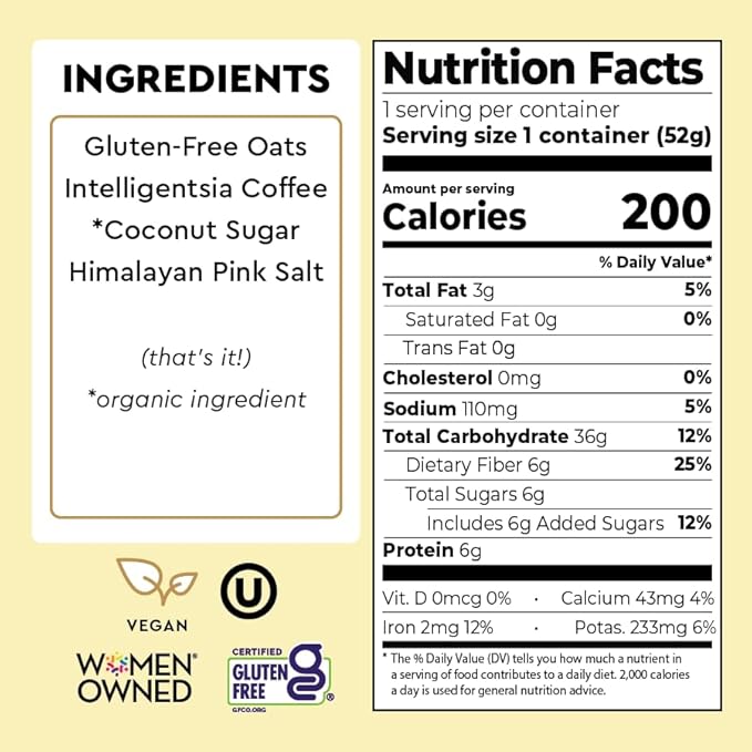Mylk Labs Intelligentsia Coffee Oatmeal Cups Single-Serve Whole Grain Low Sugar High Fiber Breakfast Quick &amp Easy On the Go Instant Oatmeal Rolled Oats Gluten Free Vegan Nut Free 6 Pac