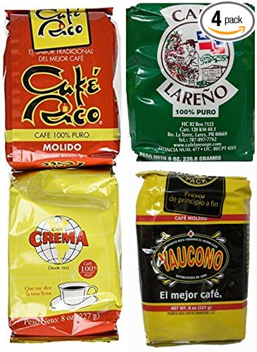 Puerto Rican Ground Coffee Variety Pack - 4 Local Favorites In 8 Ounce Bags (Cafe Rico Lareno Crema and Yaucono) Includes 2 Envelopes Of Sason Accent