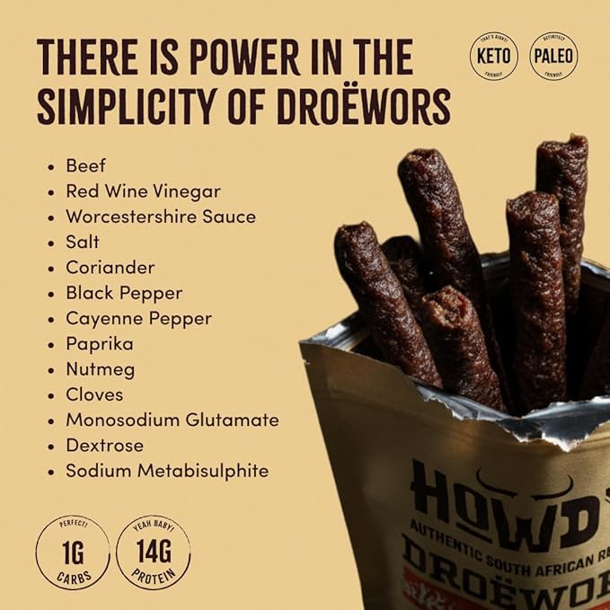 Howdysnax Spicy Droëwors – Authentic South African Air-Dried Beef Sticks Small-Batch Crafted High-Protein Snack Keto &amp Paleo Friendly No Added Sugar - 8 Ounce (Pack of 4)