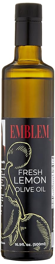 Emblem 100% Extra Virgin and Infused Olive Oil for Everyday Kitchen Use | Cold Extracted Cooking &amp Baking | Non GMO Keto Vegan Friendly 500ml (Fresh Lemon)