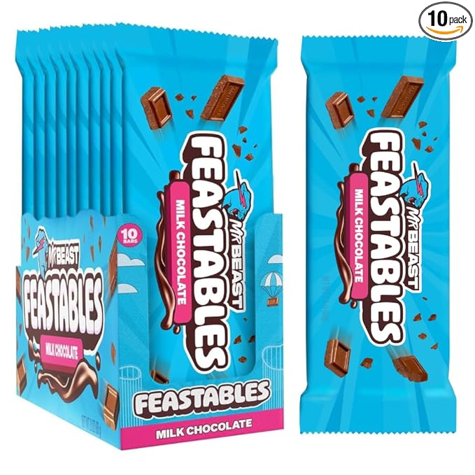 MrBeast Feastables Milk Chocolate Bar King Size 10 Count Creamy Milk Chocolate Candy Fairtrade Cocoa 2.1oz Each
