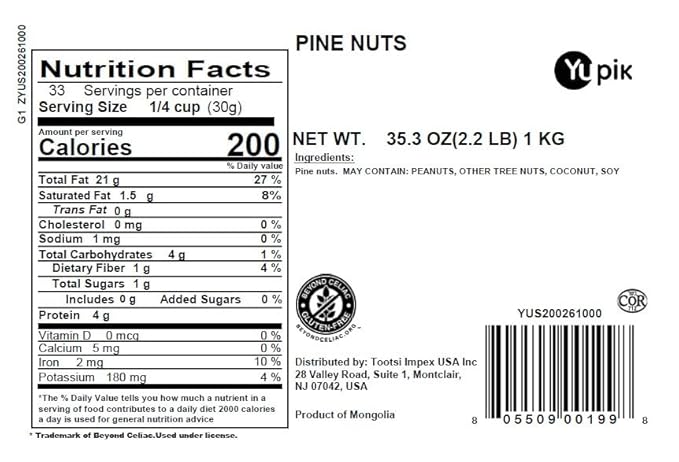 Yupik Pine Nuts 2.2 lb (35.2 oz) Raw Gluten-Free Kosher Raw Nuts Smooth &amp Creamy Pine Kernels Shelled Unsalted Unroasted Oil-Free Source of Iron Ideal for Cooking &amp Baking