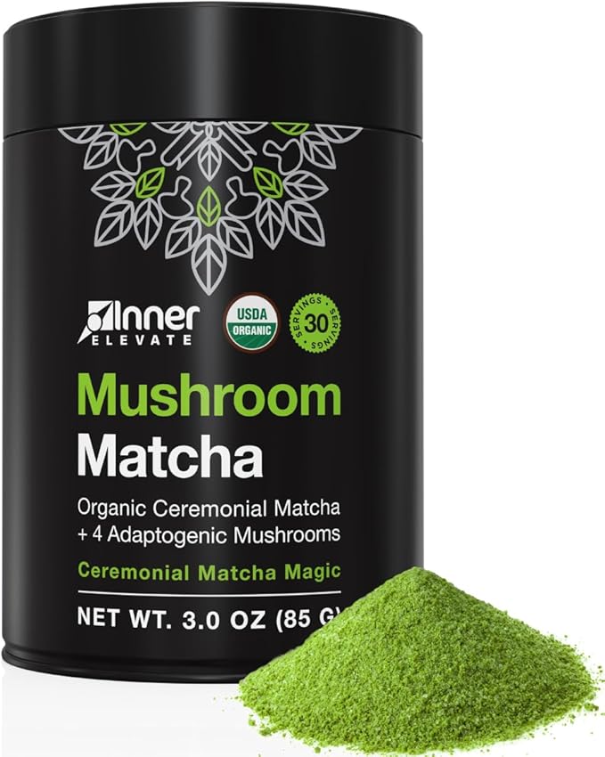 Inner Elevate Mushroom Matcha - Organic Ceremonial-Grade Matcha Powder with 4 Superfood Mushrooms - Adaptogenic Mushroom Tea Drink with Lion's Mane Cordyceps Turkey Tail Reishi (30 Servings)