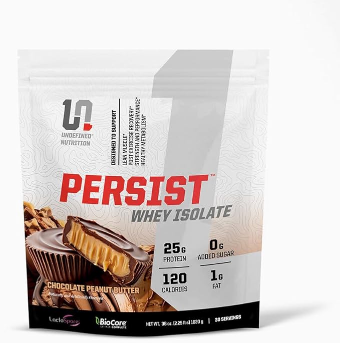 Undefined Nutrition Persist Whey Isolate by Brian Shaw - 24g Protein 30 Servings – Supports Recovery Strength &amp Performance - Gluten Free Fast Absorbing (2.18lbs Chocolate Peanut Butter)