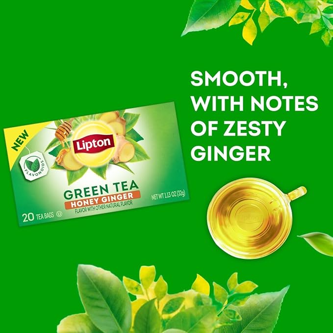 Lipton Honey Ginger Green Tea Bags Flavored Unsweetened Teabags for Hot Tea or Iced Tea with Caffeine and Flavonoids 120 Total Tea Bags (20ct - Pack of 6)