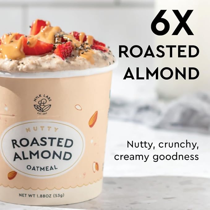 Mylk Labs Roasted Almond Protein Oatmeal Cups Whole Grain Low Sugar High Fiber Breakfast with Superfoods Quick &amp Easy On the Go Instant Oatmeal Rolled Oats Gluten Free Vegan Nut Free 6