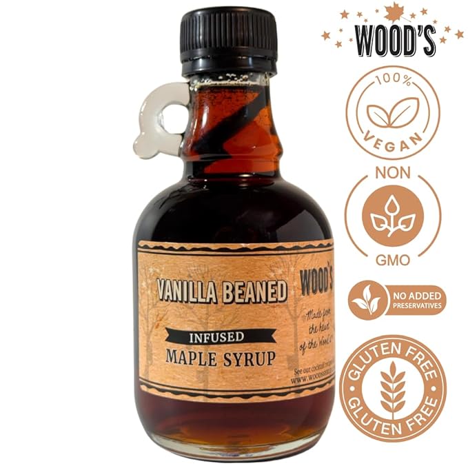 WOOD'S Vanilla Beaned Maple Syrup – Infused Vermont Maple Syrup with Real Vanilla Bean Pod | Smooth Rich All-Natural &amp Vegan Sweetener | Perfect for Breakfast Baking Seafood Popcorn &amp Mor
