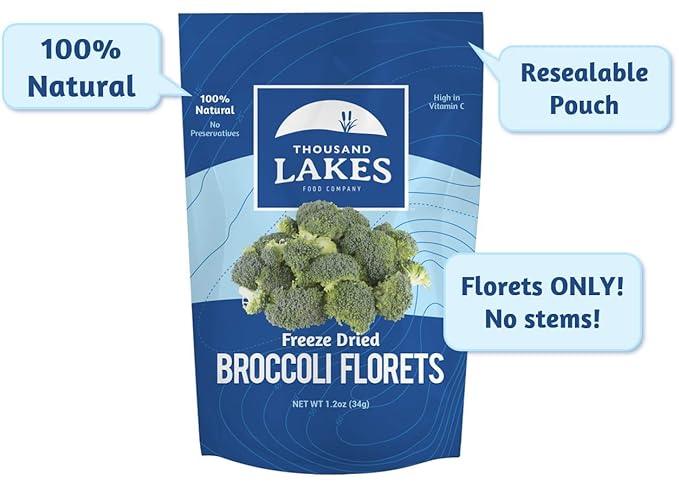 Thousand Lakes Freeze Dried Strawberries and Broccoli - 100% Sliced Strawberries 5 oz and 2-Pack Broccoli Florets 1.2 oz