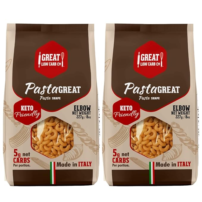 Great Low Carb Co. Keto-Friendly Italian Pasta Set 0-5g Net Carbs High Protein High Fiber Low Carb Low Calories Made in Italy (2 Pack Elbows 8oz bag)