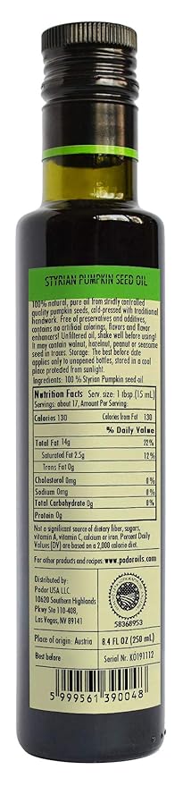 PÖDÖR Premium Styrian Pumpkin Seed Oil - 8.4 fl. Oz. - Cold-Pressed 100% Natural Unrefined and Unfiltered Vegan Gluten-Free Non-GMO in Glass Bottle