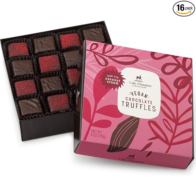 Lake Champlain Vegan Chocolate Raspberry Truffles Gift Box 16 Pieces 6 Ounces
