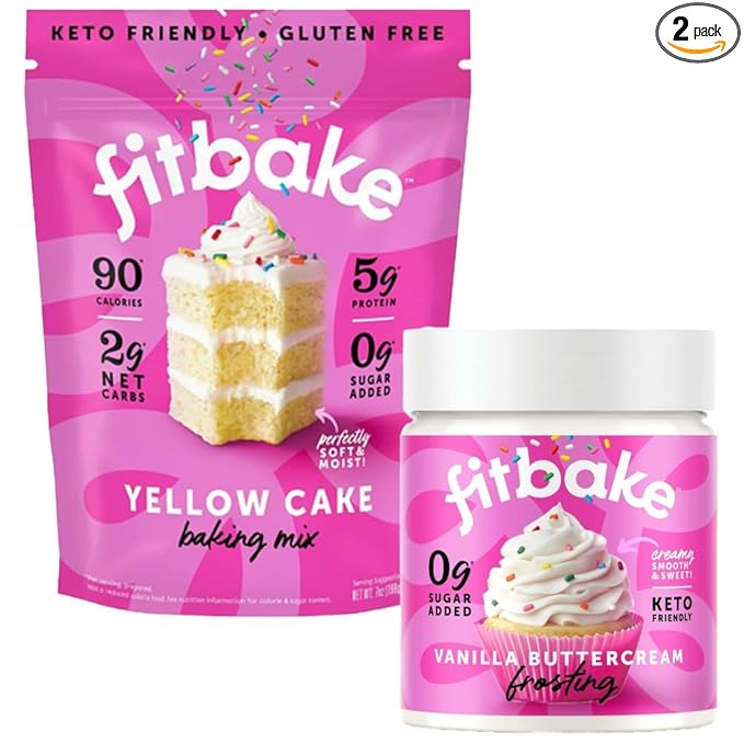 FitBake Yellow Cake Baking Mix and Vanilla Frosting | 0g to 2g Net Carbs Per Serving | Keto Friendly Low Carb Food | Naturally Sweetened Keto Snacks | Gluten Free Desserts | No Added Sugar