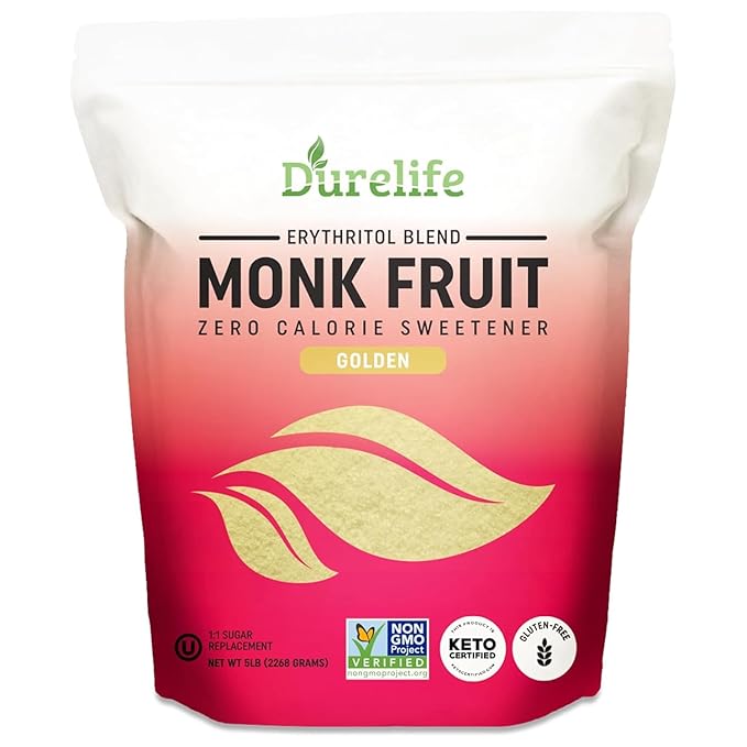 Durelife Golden Monk Fruit Sweetener 1:1 Sugar Replacement Keto Diet Friendly Zero Calorie Kosher Sugar Substitute Crystal Golden - 5 lb Bulk Size (Packaging May Vary)
