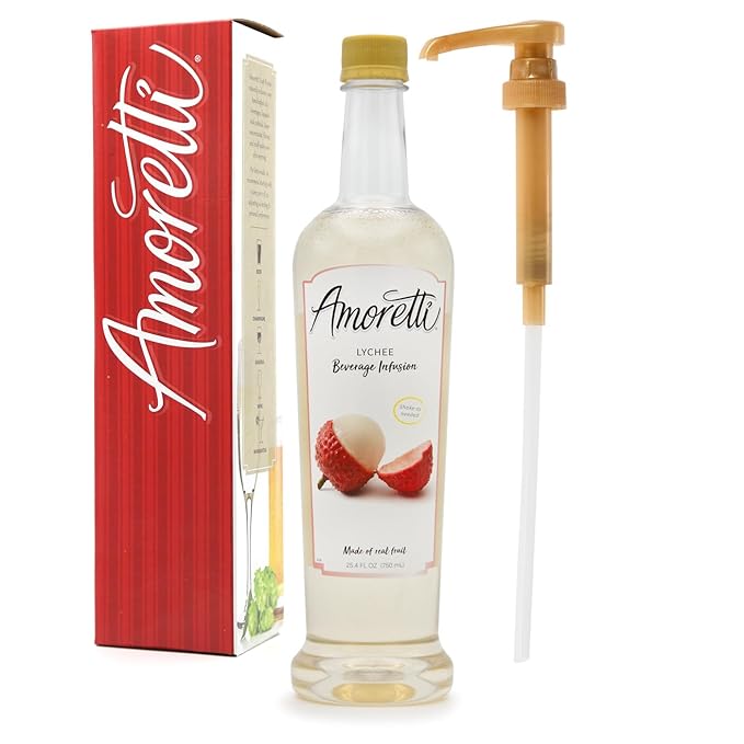 Amoretti - Lychee Beverage Infusion 94 Servings Per Bottle (750 ml) - Drink Mix &amp Water Enhancer with Pump for Flavoring Cocktails Waters Teas and other Beverages Preservative Free