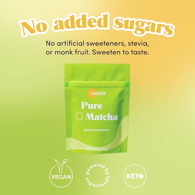 GOLDE - Pure Matcha - Ceremonial Grade Matcha Powder - Green Tea Superfood w/L-Theanine &amp Antioxidants - 60mg Caffeine - Jitter Free Energy - 100g Pouch