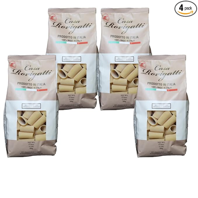 Casa Rovigatti Premium Italian Paccheri Pasta Bronze Extruded 100% Durum Wheat Semolina 17.64 oz (1.1 lb) 4 Pack