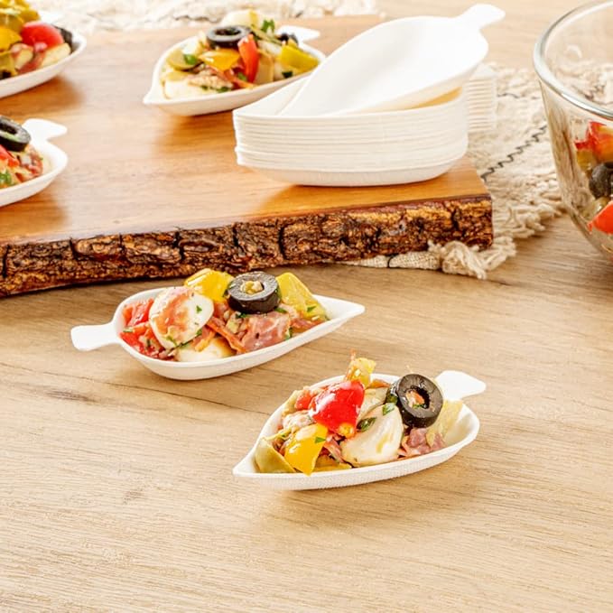 Restaurantware-Pulp Safe No PFAS Added 3.7 x 2.4 Inch Tasting Dishes 100 Disposable Dishes - Home Compostable Microwavable And Freezable White Bagasse Food Dish Leaf Shape For Appetizers