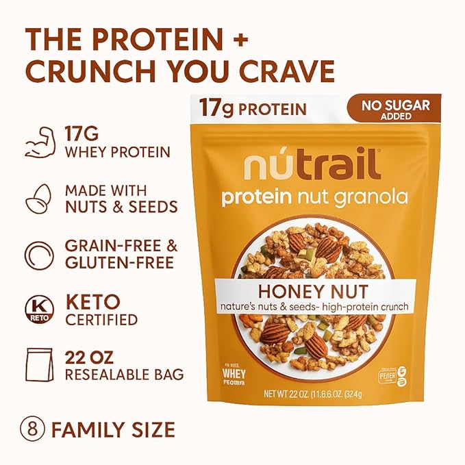 Protein Nut Granola Honey Nut – 17g Protein No Sugar Added Made with Whey Protein Nuts &amp Seeds Keto Certified Gluten-Free Grain-Free Kosher 1g Sugar High Protein Crunch – 22 oz Resealable