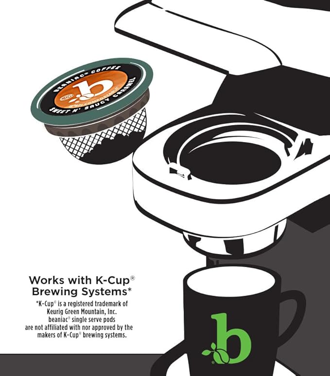 beaniac Sweet n' Saucy Caramel Flavored Light Roast Single Serve Compostable K Cup Coffee Pods Arabica Coffee with Natural Flavors Keurig Brewer Compatible 30 Count