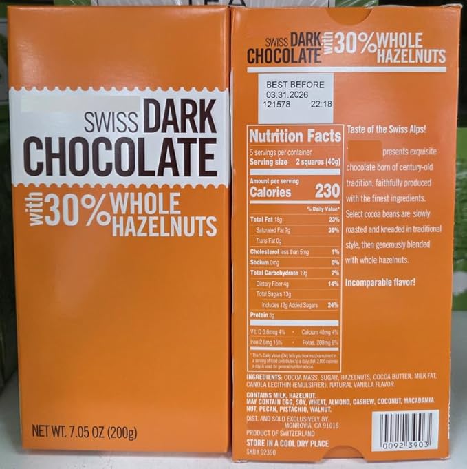 Trader Joe Swiss Dark Chocolate with 30% Whole Hazelnuts 7.05oz 200g (Two Bars)