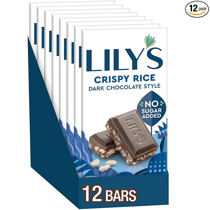 LILY'S Crispy Rice Dark Chocolate Style No Sugar Added Sweets Bars 3 oz (12 Count)