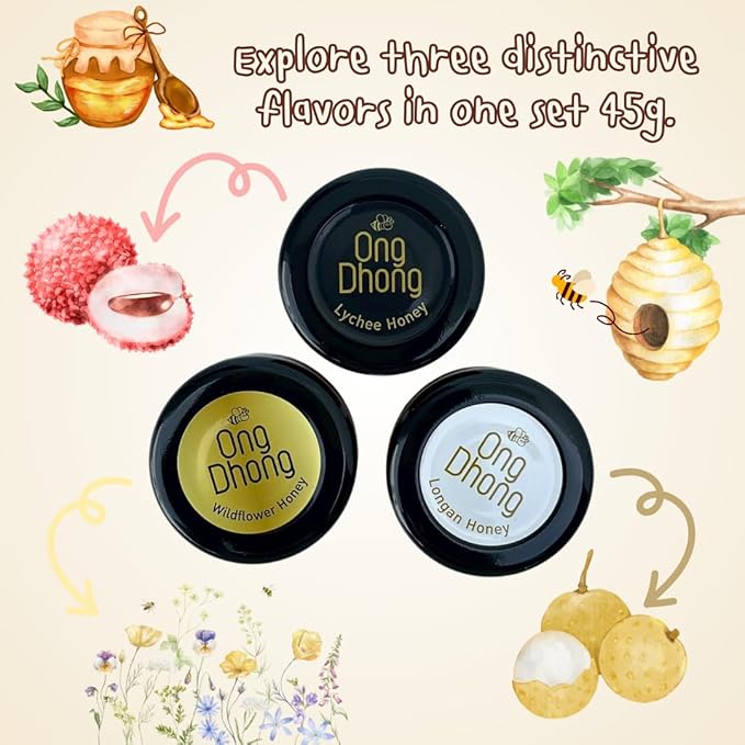 Mini Honey Jars Set of 3 (45g Each) – Lychee Longan and Wildflower Honey – Assorted Flavors Gift Pack for Tea Coffee Breakfast and Desserts