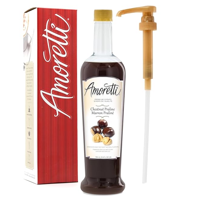 Amoretti - Premium Chestnut Praline Syrup 94 Servings Per Bottle (750 ml) with Pump for Flavoring Coffees Cocktails and other Beverages Gluten Free GMO/GEO Free Preservative Free
