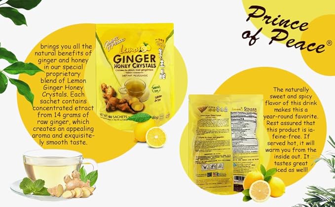 Prince of Peace Instant Ginger Honey Crystals with Lemon 60 Sachets – Instant Hot or Cold Beverage – Easy to Brew – Drink Like a Tea – Caffeine and Gluten Free – Real Ginger