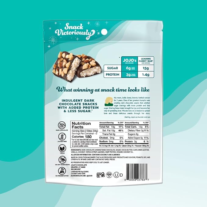 JOJO's Chocolate Best Sellers Bundle Dark Chocolate Variety Pack with Pistachio Almond Cranberry Peanut Butter Coconut Almond Bites Chocolate Covered Pretzels Plant-Based Protein