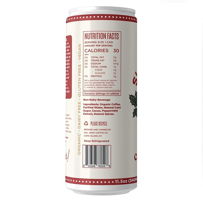 Sail Away Coffee Co. | Sleigh Ride Peppermint Mocha Nitro Cold Brew Coffee | Low Sugar Gluten Free &amp Non-Dairy | Organic | Draft Nitrogen Pour Clean Energy Low Acidity | 11.5oz (Pack of 6)