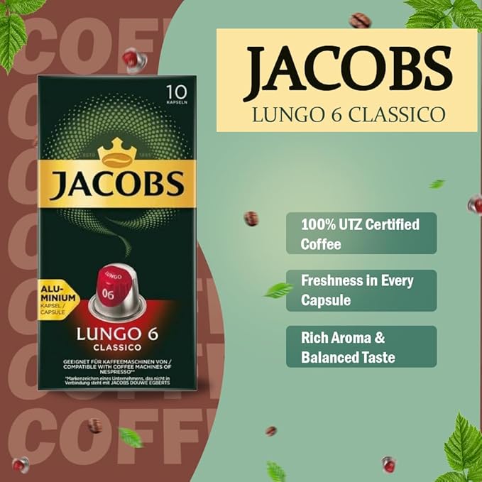 Jacobs Lungo 6 Classico 10x10 CAPSULES Coffee Capsules Compatible with (057 USD/1 CAP)
